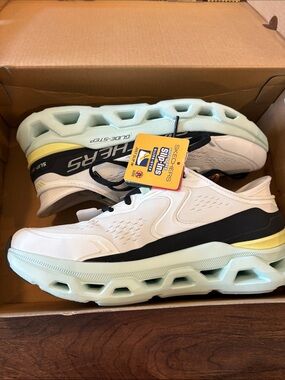 Skechers Glide step Kids White Sneakers with Black, Mint and Yellow Accents
